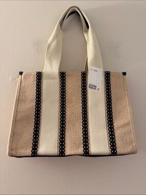 H&M Striped Black Cream jute Knit Tote Bag NWT